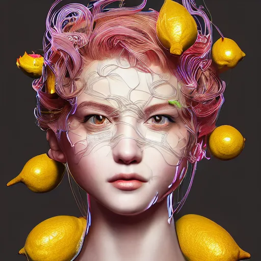 Image similar to the portrait of an absurdly beautiful, graceful, elegant, sophisticated, young idol made up of lemons, an ultrafine hyperdetailed illustration by kim jung gi, irakli nadar, intricate linework, bright colors, octopath traveler, final fantasy, unreal engine 5 highly rendered, global illumination, radiant light, detailed and intricate environment