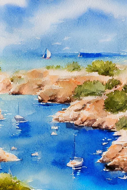 Image similar to watercolor painting of realistic adriatic coast, summer period with boats, watercolor, tonal colors, natural lighting, blue.