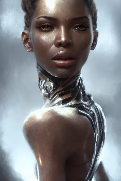 Image similar to ultra realistic illustration, dappled lighting, closeup portrait shot, perfect lighting, hacknaut cyberpunk, sci - fi, fantasy, intricate, elegant, deviantart, highly detailed, digital painting, artstation, concept art, black person, smooth, sharp focus, illustration, art by artgerm and greg rutkowski and alphonse mucha