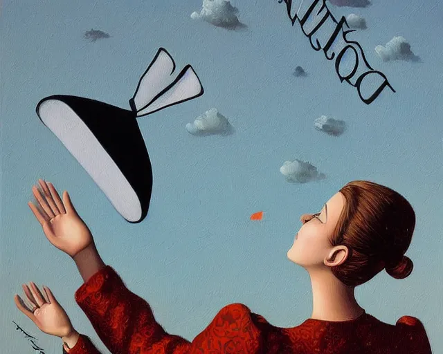 Prompt: a painting of a person waving hello, an ultrafine detailed painting by rafal olbinski, behance contest winner, pop surrealism, detailed painting, very detailed, minimalist, skeuomorphic, airbrush art