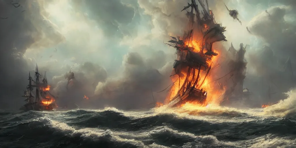 Prompt: photo of 8k ultra realistic ghost pirate ship on fire, swirling clouds and dramatic lighting, crashing waves, storm, lighting, full of colour, cinematic lighting, battered, trending on artstation, 4k, hyperrealistic, focused, extreme details,unreal engine 5, cinematic, masterpiece, art by Peter Mohrbacher