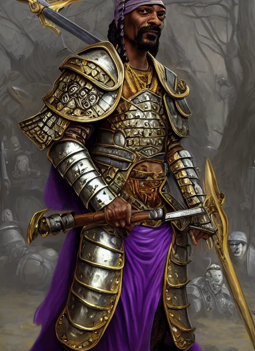 Image similar to snoop dogg as a barbarian, short beard, grumpy, intricate plate armor, purple robes, Ivan Aivakovsky, Boris Vallejo, epic fantasy character art, D&D Concept Art, full length, Realistic, Regal, Refined, Detailed Digital Art, Oil Paining, Exquisite detail, post-processing, masterpiece, Cinematic Lighting, Unreal Engine, 8k, HD, Stanley Artgerm Lau, WLOP, Rossdraws, Frank Frazetta, Andrei Riabovitchev, Marc Simonetti, trending on artstation,