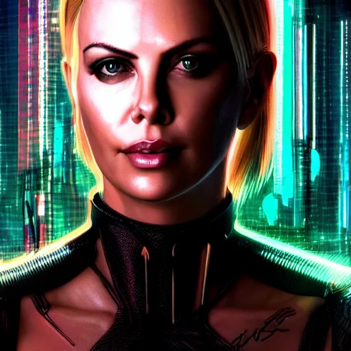 Image similar to charlize theron portrait, cyberpunk 2 0 7 7, cyberpunk judy alvarez, photorealistic, ultra detailed, neon, octane, bokeh, cinematic lighting, cyber, cyberpunk city, studio quality, feature, scars, cyberface, 8 k