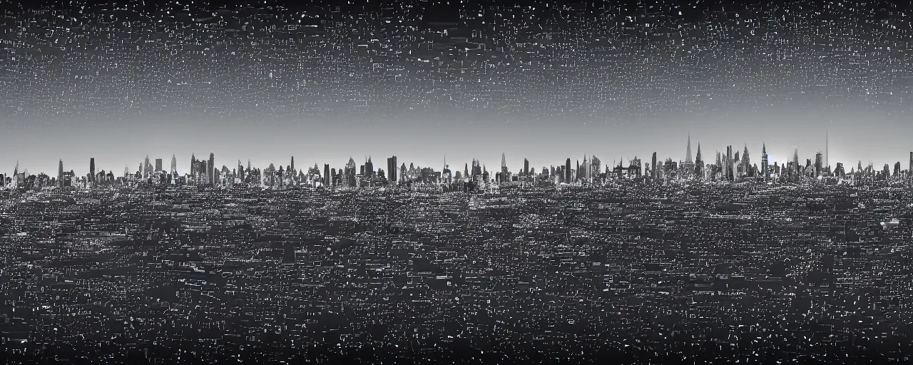 Image similar to digital art graphic of clusters and constellations of data in the outline of the New York City skyline. texture and pattern of an audio waveform. 4k unreal engine.