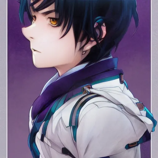 Image similar to small boy with black hair and blue purple eye, school uniform, anime style, hyper detailed, illustration, digital painting, art by artgerm and greg rutkowski and alphonse mucha, high delicate defined details, anime stylized, highly detailed, realistic, sharp focus, symmetrical face