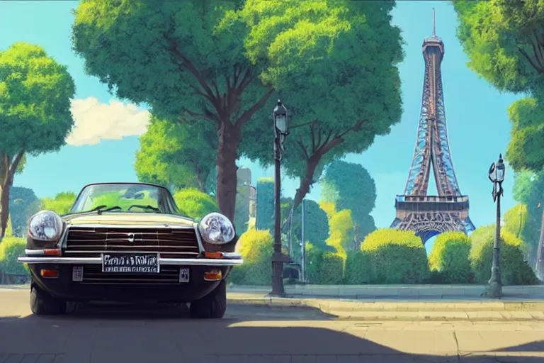 Image similar to a wholesome animation key shot of!! one!! focused! 1 9 7 4 citroen ds! in a tree lined paris street, view of eiffel tower, medium shot, studio ghibli, pixar and disney animation, sharp, very detailed, high resolution, rendered in unreal engine 5, anime key art by greg rutkowski, bloom, dramatic lighting