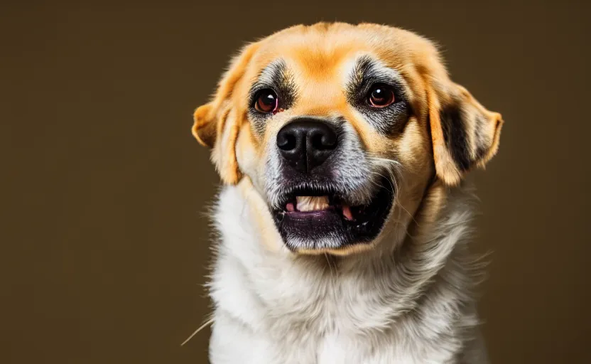 Prompt: studio photography of a dog, yellow background, detailed face, cinematic lighting, 8 k