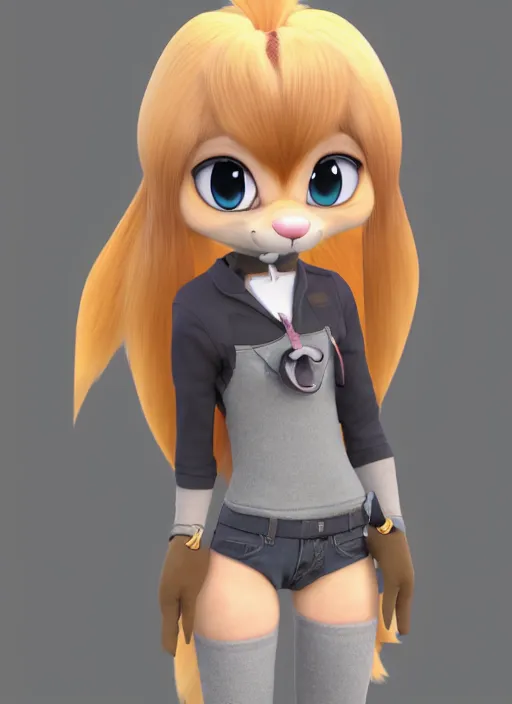 Image similar to female furry mini cute style, character adoptable, highly detailed, rendered, ray - tracing, cgi animated, 3 d demo reel avatar, style of maple story and zootopia, maple story fox girl, grey fox, soft shade, soft lighting