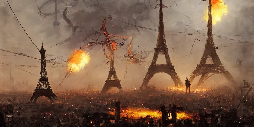 Image similar to war of the worlds, giant mech attack paris, human soldiers, eiffel tower! intense fighting, glowing lights!! digital painting, very detailed, art by jakub rozalski