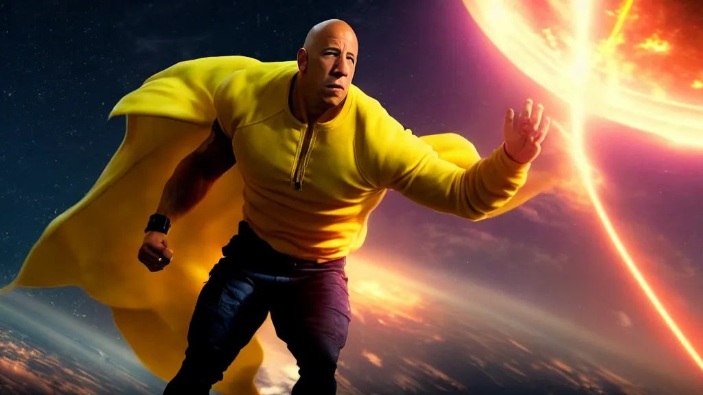 Image similar to extreme wide shot of vin diesel as saitama!!! throwing!!! a car!!!!!!!!!! into space, ultra realistic, lens flare, atmosphere, glow, detailed, intricate, full of colour, cinematic lighting, trending on artstation, 4 k, hyperrealistic, focused, extreme details, unreal engine 5, cinematic, masterpiece