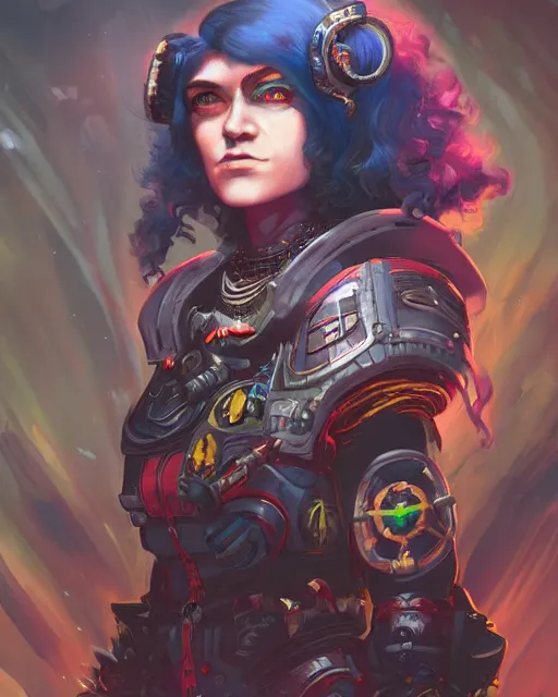 Prompt: a stunning portrait of Grimes as a tech priestess from warhammer 40k, digital art by Ross Tran and Angel Ganev, highly detailed, trending on artstationhq