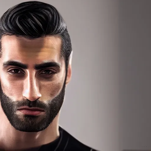 Image similar to a closeup shot of handsome esfand from twitch, gigachad, strong jawline, photorealism, 8k