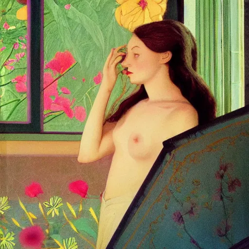 Image similar to a lot of flowers morphing in a beautiful girls face, film still by wes anderson, depicted by balthus, limited color palette, very intricate, art nouveau, highly detailed, lights by hopper, soft pastel colors, minimalist