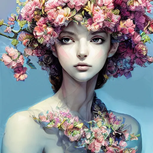 Image similar to the portrait of an absurdly beautiful, graceful, elegant, innocent woman made of petals looking up, an ultrafine detailed illustration by kim jung gi, irakli nadar, intricate linework, bright colors, octopath traveler, final fantasy, angular, unreal engine 5 highly rendered, global illumination, radiant light, detailed and intricate environment