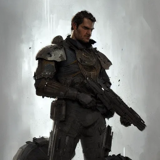 Image similar to portrait of a man by greg rutkowski, he looks like henry cavill, he is wearing a dieselpunk tactical armor gear, highly detailed portrait, digital painting, artstation, concept art, smooth, sharp foccus ilustration, artstation hq