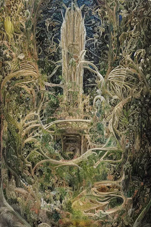 Image similar to a gorgeous painting by Viktor Hartmann of a great palace in the style of zaha hadit made from porcellain, beautiful natural soft rim light, roots, fine foliage lace, ernst haeckel, parametric architecture, parametric design, bioart, futuristic, adorned with all kind of plants, utopian, chitin, visceral, art nouveau , intricate details, satin silver beautiful gold metal details, mesh wire, neri oxman, cable wires, elegant, hyper realistic, quantum computer, ultra detailed, octane render, silicon and carbon, volumetric lighting, 8k post-production, hr giger style