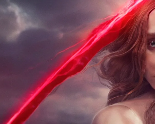 Prompt: movie still of elizabeth olsen as the scarlet witch afloat!!!!! in the air with red glowing eyes, emanating red magic!!!!! from her palms, full - body portrait, trending on artstation, 8 k quality, cgsociety contest winner, artstation hd, artstation hq, luminous lighting, beautiful cloudy atmosphere