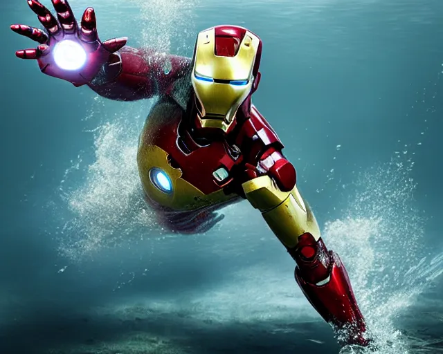 Image similar to iron man submerged under water, cinematic, photoreal, by red dead redemption 2