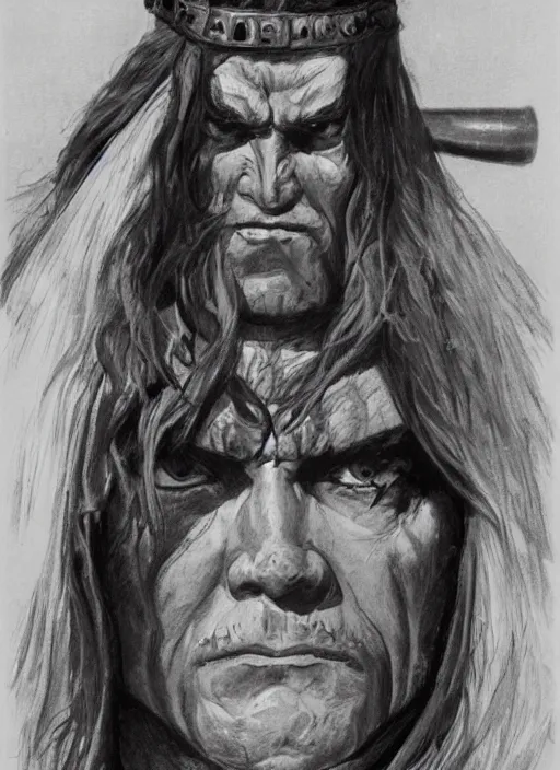 Image similar to An ultra-detailed ,hyperrealistic, face-centered portrait of Conan the barbarian in battling skeleton warriors, by John Buscema , Frank Frazetta and Bill Sienkiewicz, trending on marvel, trending on artstation