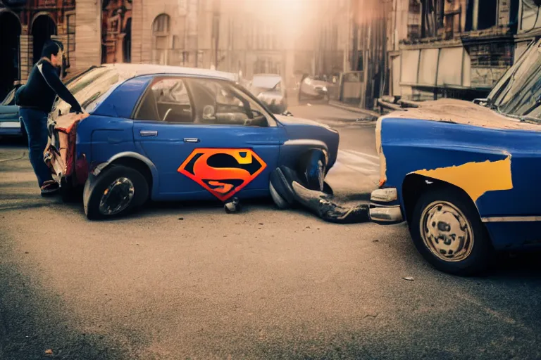 Image similar to superman pushing a broken car, chromatic, amber, direct sunlight, dslr, banksy, pastel, dof