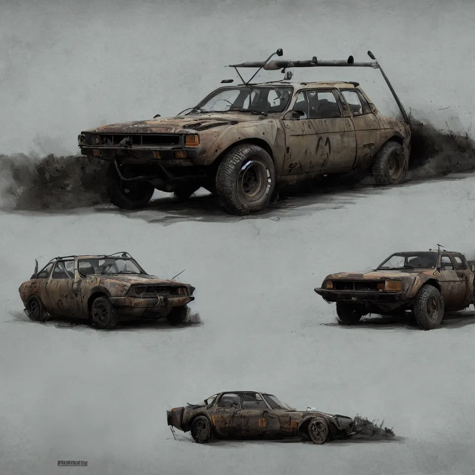 Image similar to a single Dacia 1310 in Mad Max, artstation, concept art