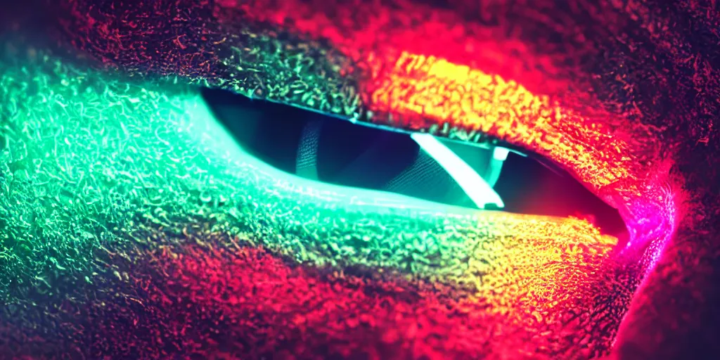 Image similar to an extreme close - up portrait of a neon glowing hoodie, photographic filter, unreal engine 5, realistic, hyperdetailed, 8 k, cinematic, volumetric lighting, very realistic effect, hd, hdr, 4 k, sharp focus, octane render, ultra detailed, high resolution, trending on artstation in the style of albert dros glowing rich colors powerful imagery