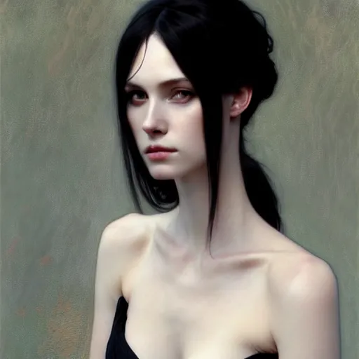 Image similar to Portrait of a beautiful, pale skin, female with long black hair, dark, piercing eyes, elegant clothing, photorealistic, highly detailed, artstation, smooth, sharp focus, art by Klimt, artgerm, Greg Rutkowski and Alphonse Mucha