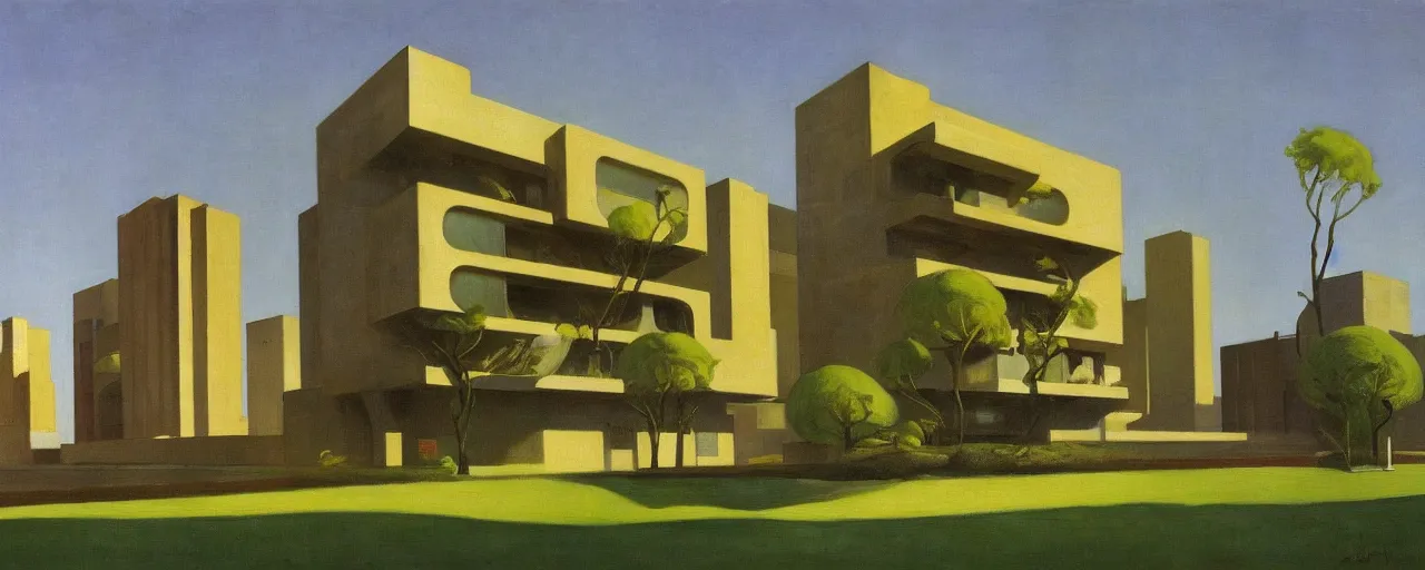 Image similar to futuristic brutalist apartments with trees and plants, edward hopper