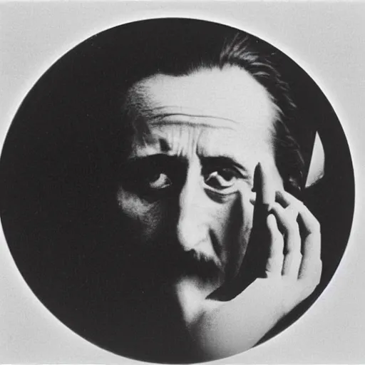 Image similar to Marcel Duchamp holding a light-producing sphere with cables attached, 35mm film, icon by Marcel Duchamp, LHOOQ, Mona Lisa with a mustache, absurd, film grain, lens flare