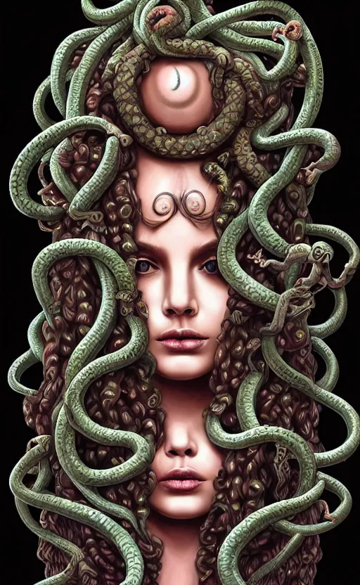 Prompt: highly detailed, digital painting of the beautiful Medusa, with symmetrical facial features, and her many snakes as hair, in the center of the image, vibrant dark mood, full view, Kodakchrome, vivid, Hyperdetailed, 4k hd matte digital painting, 8k resolution, enchanting,cyberpunk and otherworldly, Hyperdetailed, Gsociety, trending on ArtstationHQ, dreamscape.