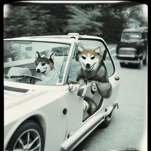 Image similar to cartoon of a shiba inu driving a car, 1977 picture, polaroid, nostalgic feeling