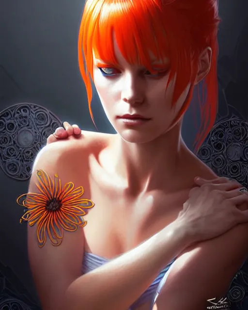 Image similar to Leeloo, The Fifth Element digital art, intricate flower designs, elegant, highly detailed, sharp focus, art by Artgerm and Greg Rutkowski and WLOP