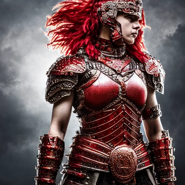 Prompt: full body photo of a beautiful cute strong warrior queen wearing ruby encrusted armour, highly detailed, 8 k, hdr, smooth, sharp focus, high resolution, award - winning photo
