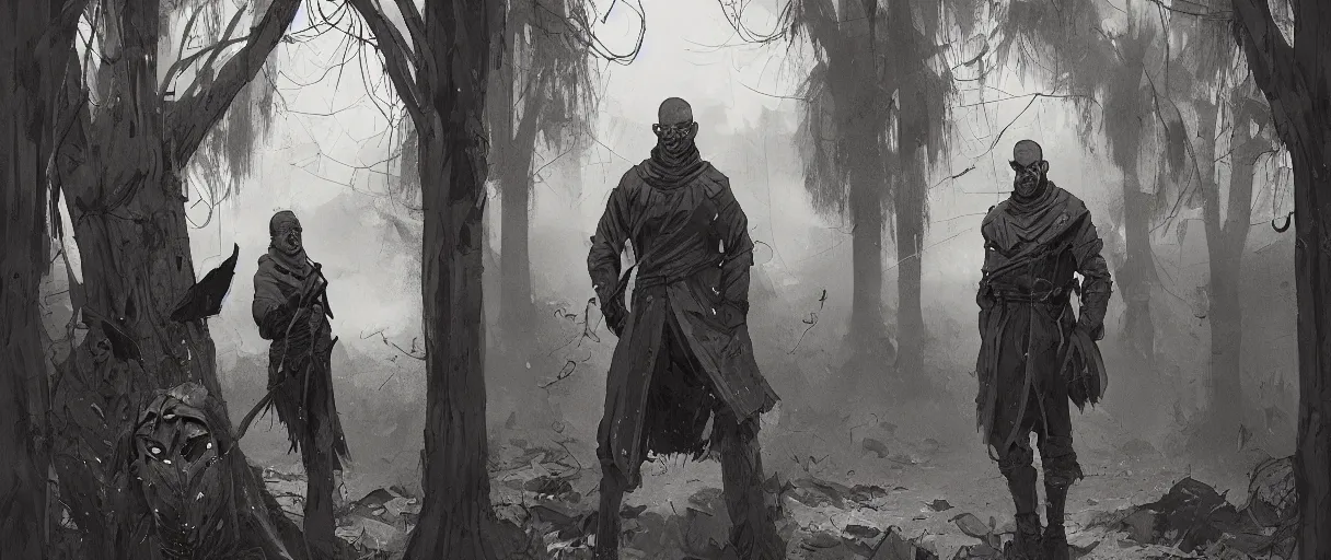 Prompt: comic noir illustration 3 / 4 portrait of bald merchant without beard and without hat. demonic stare. medieval clothes. brown tunic. sitting below willow tree in a foggy evening by sachin teng and sergey kolesov and ruan jia and heng z. graffiti art, scifi, fantasy, hyper detailed. octane render. concept art. trending on artstation