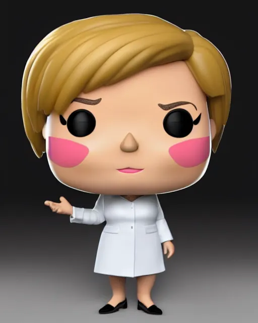 Image similar to full body 3d render of funko pop angela merkel as a funko pop, studio lighting, white background, blender, trending on artstation, 8k, highly detailed