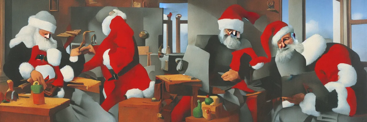 Prompt: santas workshop oil painting magritte