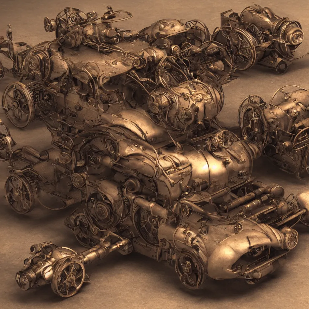 Image similar to steampunk style blender car, photorealistic, 3 d rendering, cute, unreal engine, bokeh