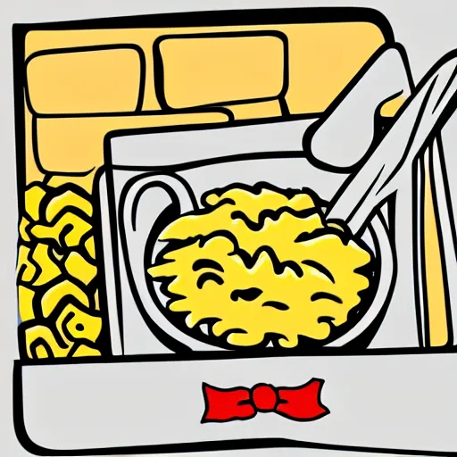 Image similar to a hand drawn cartoon illustration of a box of mac and cheese holding a cup of mac and cheese