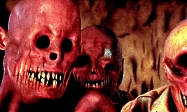 Prompt: full - color cinematic movie still from a 1 9 8 7 horror film by clive barker featuring cenobites welcoming terrified sinners to the hellish underworld. creepy ; frightening.