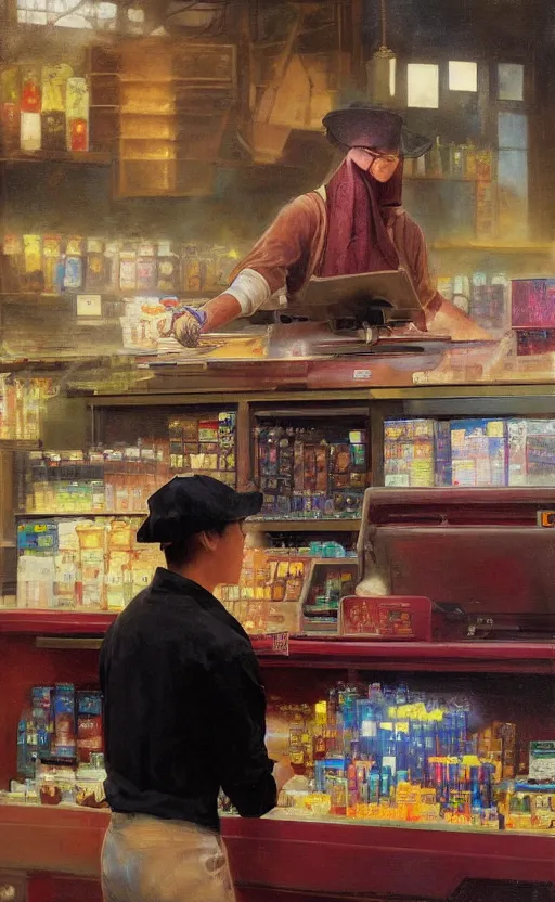 Prompt: the grime reaper working the cash register at the local walmart by cheol joo lee and delphin enjolras and daniel f. gerhartz