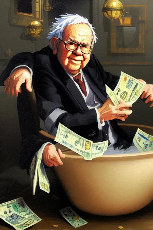 Prompt: baroque oil painting of anime key visual concept art of warren buffet sitting in a bathtub full of usd cash money, award winning, trending on artstation, palette knife! and brush strokes, oil on canvas, makoto shinkai greg rutkowski studio ghibli