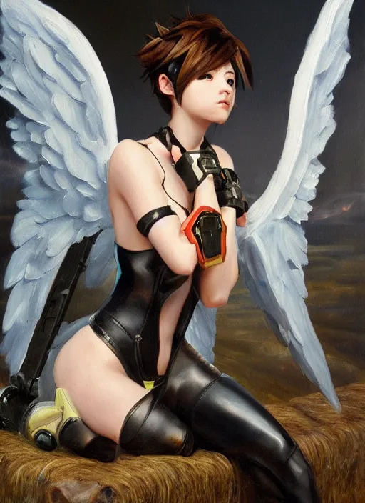 Image similar to oil painting of tracer overwatch in the style of sophie anderson, on knees, angel wings, black outfit,