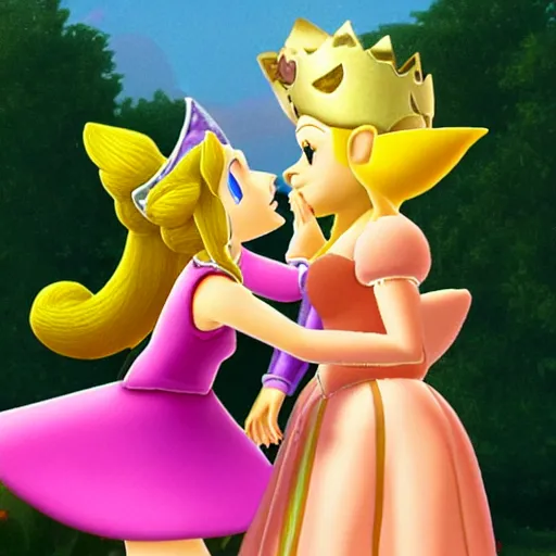 Prompt: princess peach kissing zelda