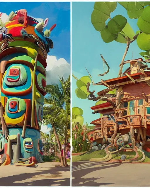 Image similar to a painting of a tribal tiki hut with a totem pole by its side, a surrealist painting by Takashi Murakami and by Naoto Hattori, Edward Hopper and James Gilleard, Zdzislaw Beksinsk, by Jesper Ejsing, by RHADS, Makoto Shinkai and Lois van baarle, trending on deviantart, pop surrealism, lowbrow, grotesque, whimsical