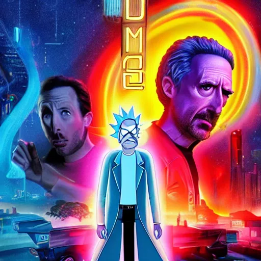 Prompt: rick and morty in the movie poster for blade runner 2 0 4 9 photorealistic 8 k