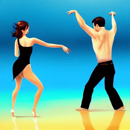 Image similar to semi realistic portrait Salsa Dancing inside clear blue ocean water by Hyung-tae Kim and by Artgerm Lau , color overlay, rim light and highlights , Gesture draw, Salsa Social Dance, couple, Salsa tricks, WLOP, Hyung-tae Kim, Rossdraws, Gesture draw, James Jean, Andrei Riabovitchev, Marc Simonetti, and Sakimichan, trending on artstation