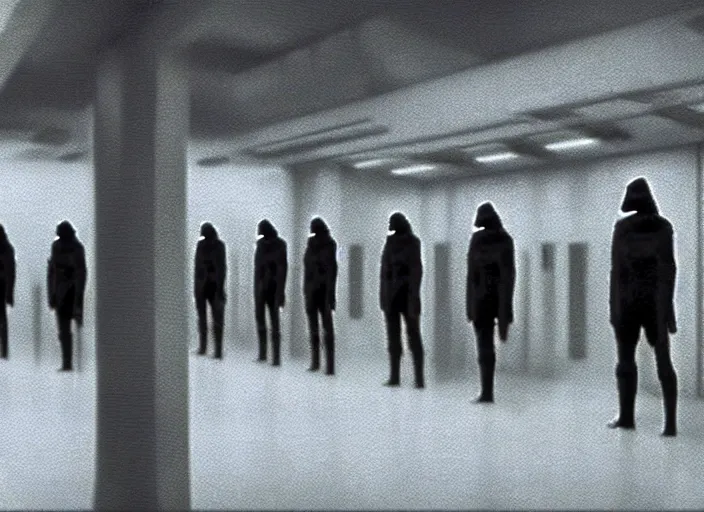 Image similar to screenshot of emporer palpatine's cloning lab room, pensive, iconic scene from 1 9 8 0 star wars film directed by stanley kubrick, last jedi, 4 k hd sharp, cinematic still frame, photoreal, detailed face, moody lighting, stunning cinematography, anamorphic lenses, kodak color film stock