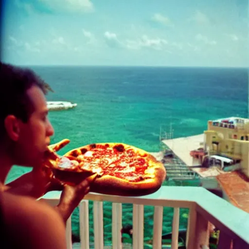 Prompt: Eating a pizza on the balcony watching the Caribbean Sea, photo made by Slim Aarons, award winning,