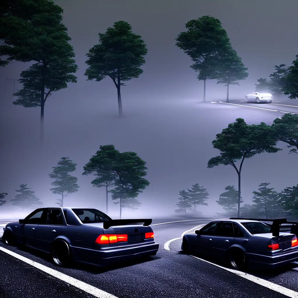 Image similar to a car JZX100 twin turbo drift in middle of road, Gunma prefecture, city midnight mist lights, cinematic lighting, photorealistic, detailed alloy wheels, highly detailed