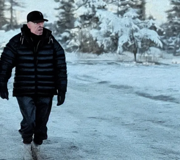 Prompt: Walter White wearing a black puffer jacket and a baseball cap, movie still, realistic